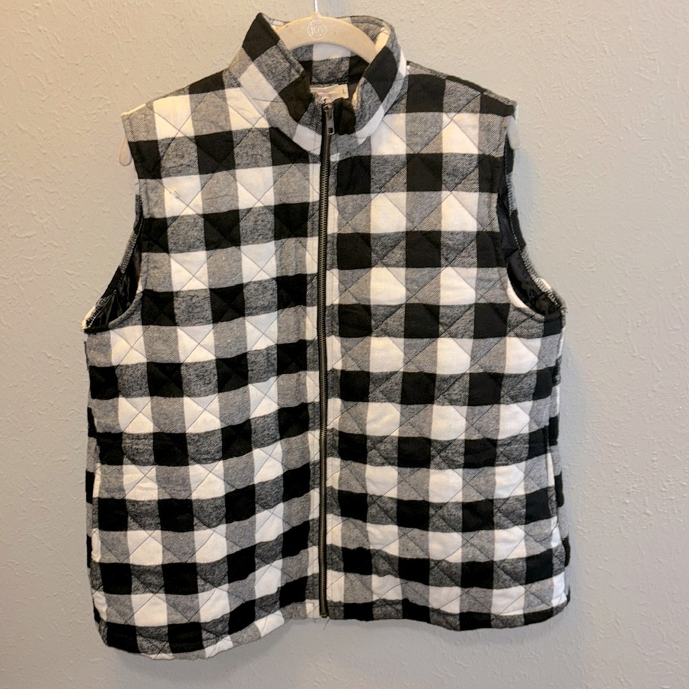 Boutique Grace & Emma Black Check Quilted Vest Zip Front Women’s Sz Large